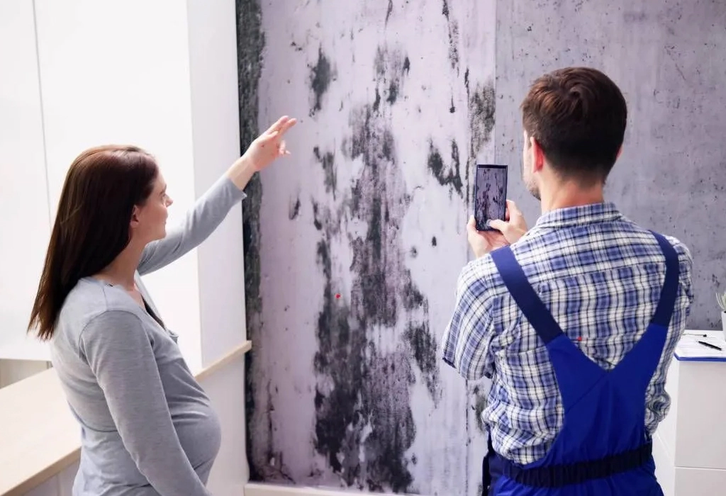 A man and woman stand together, facing a wall that is visibly covered in mold